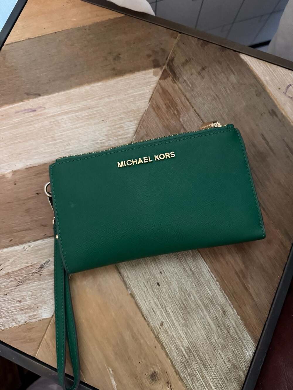 Michael Kors Saffiano Leather Green Double Zip Wristlet Wallet